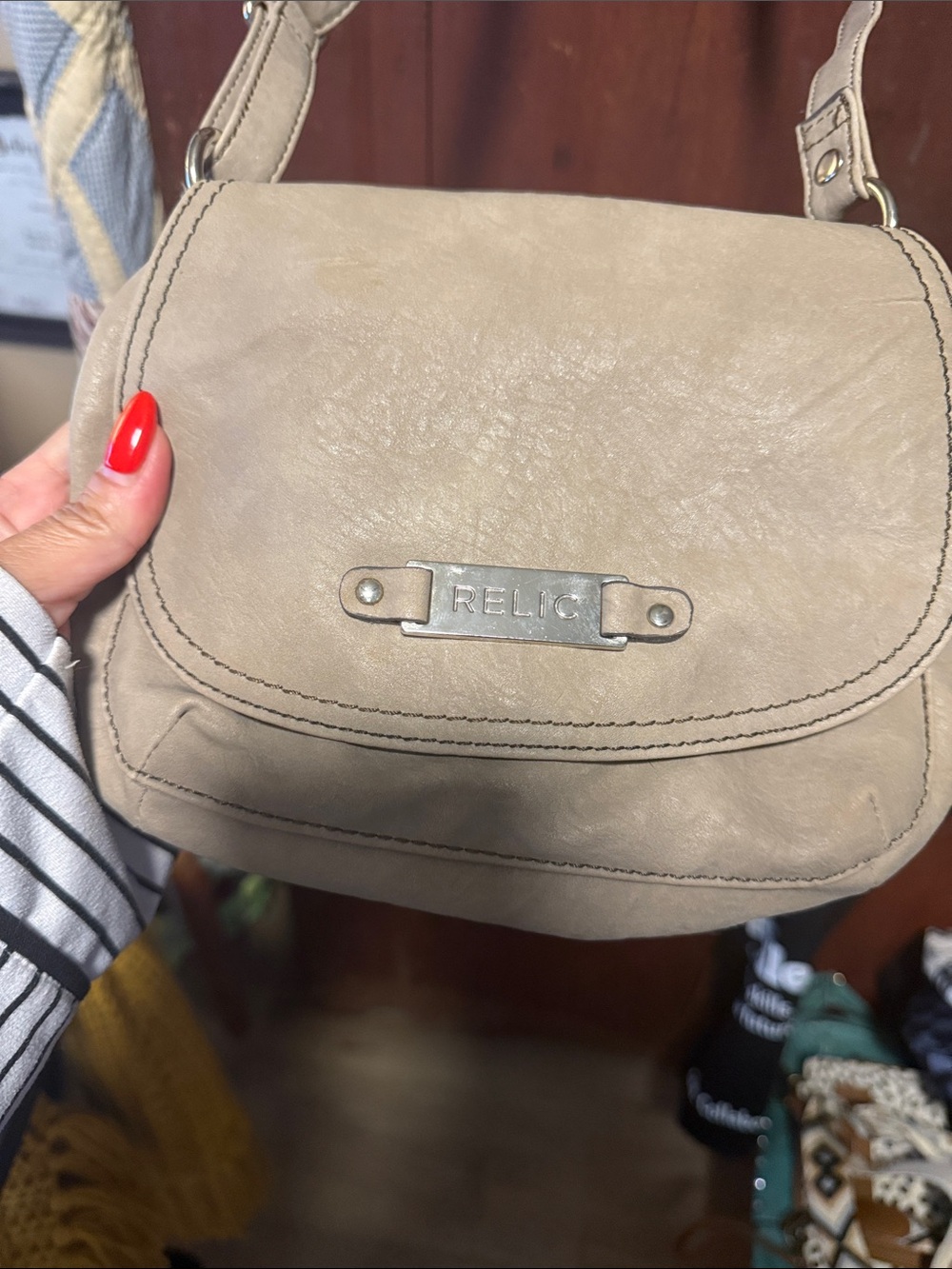 Relic Neutral Taupe Crossbody Bag with Metal Nameplate